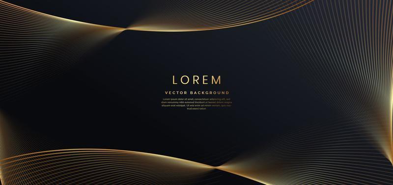 3D modern luxury template design golden wave stripes line with light glow effect on black background.