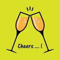 dos copas de champagne cheers diseño plano fondo amarillo vector