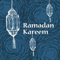 Arabic Lantern Ramadan kareem hand drawn style blue vector