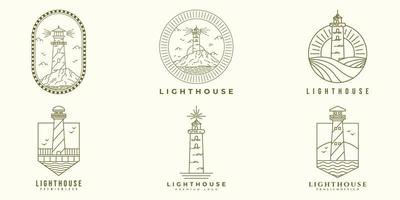 Set Bundle of Lighthouse logo vector illustration design, line art style logo, badge logo