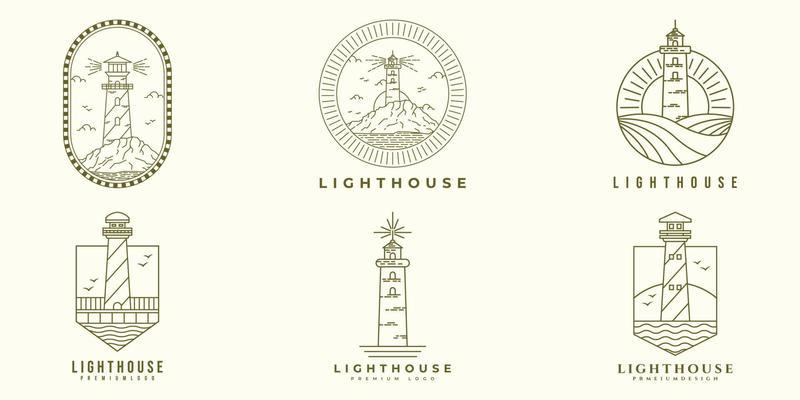 Set Bundle of Lighthouse logo vector illustration design, line art style logo, badge logo