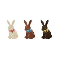 Set of chocolate Easter rabbits with colorful bows. Dark, milk and white chocolate bunnies vector