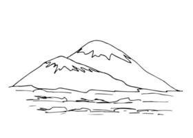 Hand-drawn black outline simple vector drawing. Contour of snowy mountain, lines, hills, panoramic landscape, rocky terrain. Tourism, sport, travel, mountaineering. Wildlife of mountainous countries.