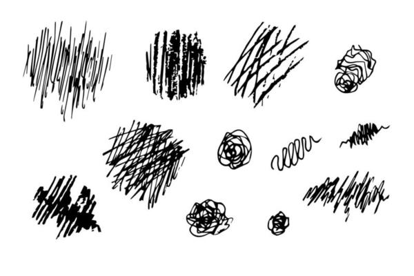 Hand-drawn vector set. Strokes, scribbles, spots of various shapes, ink, charcoal pencil. Tangled, black outlined.