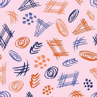 Simple vector seamless pattern in doodle style. Multi-colored strokes, curves, spirals on a pink background. For prints of fabric, packaging, textile products.