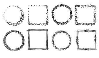 Hand-drawn simple vector set. Abstract strokes, doodles, scribbles, curlicues, square and round frames, ink, charcoal pencil. Elements for creating patterns, labels, decoration.