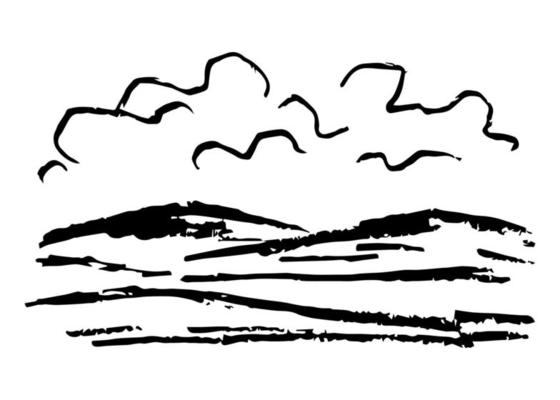 Simple vector drawing of charcoal pencil. Nature, landscape, weather, climate. Silhouette of mountains, clouds. Black and white sketch.