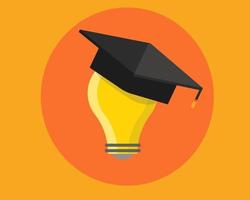 Education concept. There is a yellow light bulb with graduate cap on the top in cartoon vector style for your design.