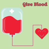 Give blood concept. A blood donation bag with tube attached to smile heart shape. vector