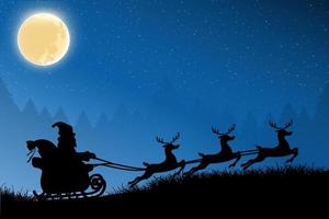 santa claus montando diseño de ciervo con luz de luna en el fondo. noche navideña con santa claus y silueta de venado. vector de fondo de santa claus