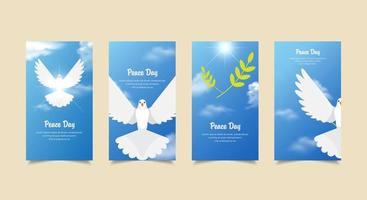 colección de historias de diseño del día internacional de la paz. historias de plantillas del día de la paz adecuadas para promoción, marketing, etc. celebración del día internacional de la paz fondo con paloma y cielo azul. vector