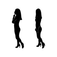 Vector fashion model silhouette of elegant woman in dress. Standing girl. Black illustration.