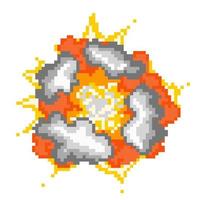 Explosion with clouds pixel smoke. Detonating bomb red energy destruction and blazing yellow fire with gray acrid clouds vector gases