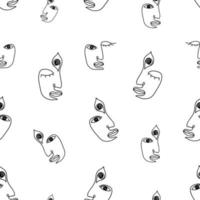 Abstract faces pensive and sleeping linear people seamless pattern. Contour portraits drawn with one black line of beautiful characters with closed and third eyes looking into vector distance