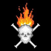 Burning skull with bones pixel icon. Smiling bone head with crossed bones and blazing hellfire scary pirate vector thugs symbol