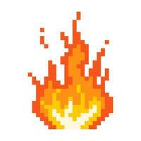 Pixel burning bonfire icon. Flaming fire with glowing yellow core red flame after powerful explosion with flying vector sparks.