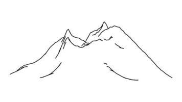 Mountain contour with cooled volcano illustration. Sketch black steep peak with ruptured top and snow capped rocky cliffs with deep vector gorges
