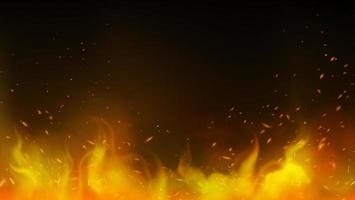 Realistic fire flame with horizontal reflection smoke and sparks on black background vector illustration