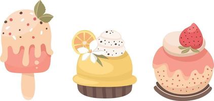 conjunto de postres dulces, pastel e ilustración de helado en estilo de dibujos animados. vector