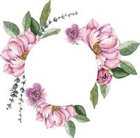 Round frame with delicate pink watercolor flowers peonies, hand painted. vector