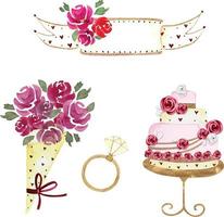 Wedding watercolor set banner, cake, ring and bouquet of flowers. vector