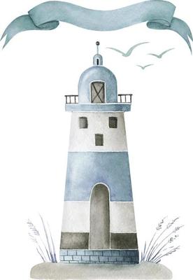 Nautical blue lighthouse with banner watercolor illustration.