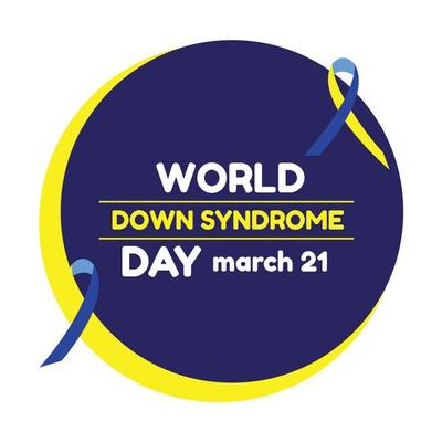 World Down syndrome Day horizontal poster. Photo realistic blue, yellow ribbon and frame on light background. Vector Social poster 21 March is World Down Syndrome Day. Awareness ribbon.