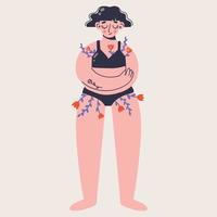 Young woman hugs herself. Love yourself. Love your body concept. Body positive. Vector illustration.