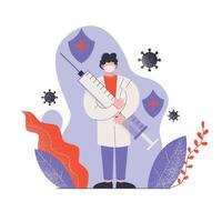 Man doctor holds large syringe with vaccine. Doctor prevents epidemic. Vaccination concept. Flat vector illustration.