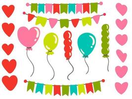 Cute bright elements set with balloons, garlands, hearts isolated on white background. vector