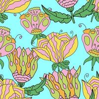 Seamless pattern with cartoon hand drawn doodle fantasy flowers. Messy ornament. vector