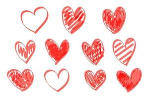 Red highlighter scribble hearts. Hand drawn heart set, abstract red love markers isolated on white background. vector