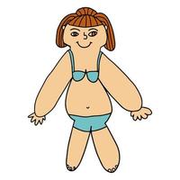 Doodle young fat lady in swimsuit. Body Positive concept isolated on white background. vector