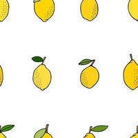 limones amarillos con hojas. cítricos para limonada, vitaminas, comida vegetariana saludable. patrón transparente de vector aislado sobre fondo blanco. vívida ilustración de verano. para imprimir en papel y tela.
