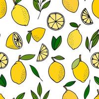 Yellow lemons with leaves. Citrus for lemonade, vitamins, healthy vegeterian food. Vector seamless pattern isolated on white background. Vivid summer illustration. For printing on paper and fabric.