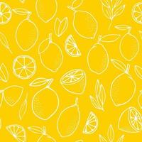 Yellow lemons with leaves. Citrus for lemonade, vitamins, healthy vegeterian food. Vector seamless pattern isolated on white background. Vivid summer illustration. For printing on paper and fabric.