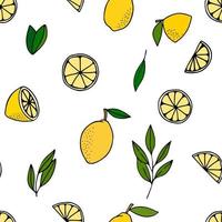 Yellow lemons with leaves. Citrus for lemonade, vitamins, healthy vegeterian food. Vector seamless pattern isolated on white background. Vivid summer illustration. For printing on paper and fabric.