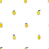 Yellow lemons with leaves. Citrus for lemonade, vitamins, healthy vegeterian food. Vector seamless pattern isolated on white background. Vivid summer illustration. For printing on paper and fabric.