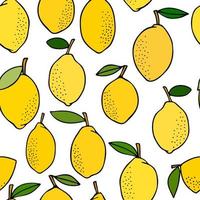 Yellow lemons with leaves. Citrus for lemonade, vitamins, healthy vegeterian food. Vector seamless pattern isolated on white background. Vivid summer illustration. For printing on paper and fabric.