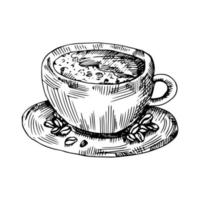 saco con granos de café con taza estilo boceto dibujado a mano. ilustración de grabado de vector vintage para etiqueta, web. aislado sobre fondo blanco