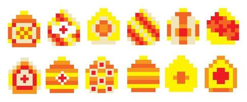 8bit pixel art happy easter eggs and chicken icons. Retro arcade game objects set, eggs vector icons with cubic pixels, colorful lines, dots and ornaments