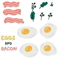 Fried eggs with bacon and greenery vector elements collection.