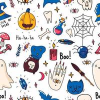 Halloween seamless pattern design with ghost, skull, pumpkin, cat. eye and bat. Vector illustration.