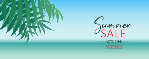 diseño de banner de venta de verano con fondo de hojas tropicales
