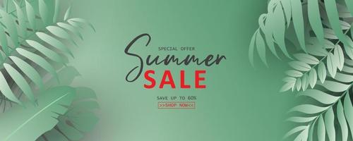 Summer sale banner design with tropical leaves background vector