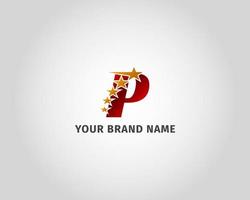 letter P red metallic with five golden star logo template vector