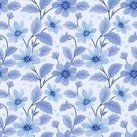 Monochrome blue flowers and leaves seamless pattern. vector