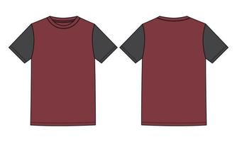 Two tone Deep Red and black  Color Short Sleeve Basic T shirt Technical Fashion Flat Sketch Vector Illustration Template Front and Back Views  Isolated on white Background.