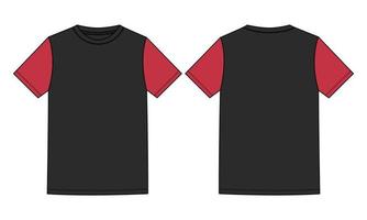 Two tone black, red Color Regular fit short Sleeve basic T shirt Technical Fashion Flat sketch Vector Illustration Template Front, back views. Apparel design Mock up drawing illustration.