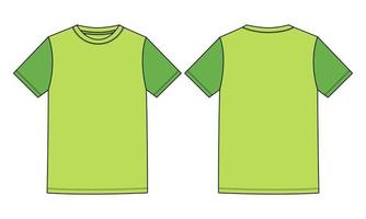 Two tone Green, Neon Color Regular fit short Sleeve basic T shirt Technical Fashion Flat sketch Vector Illustration Template Front, back views. Apparel design Mock up drawing illustration.